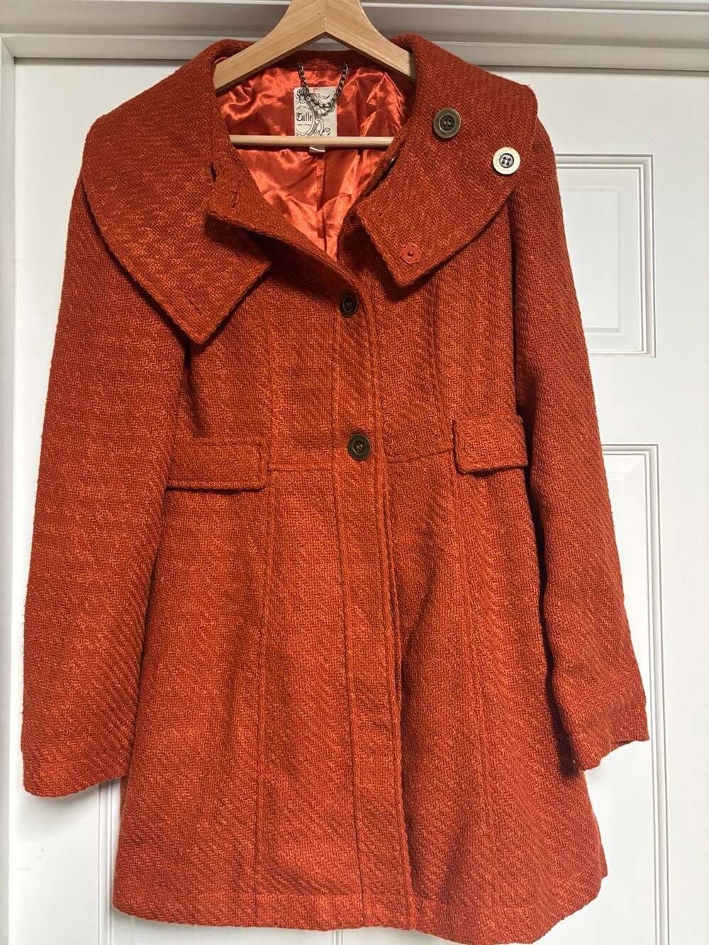 Vintage burnt orange Herringbone Wool Bl Peacoat wrapped collar retro inspired